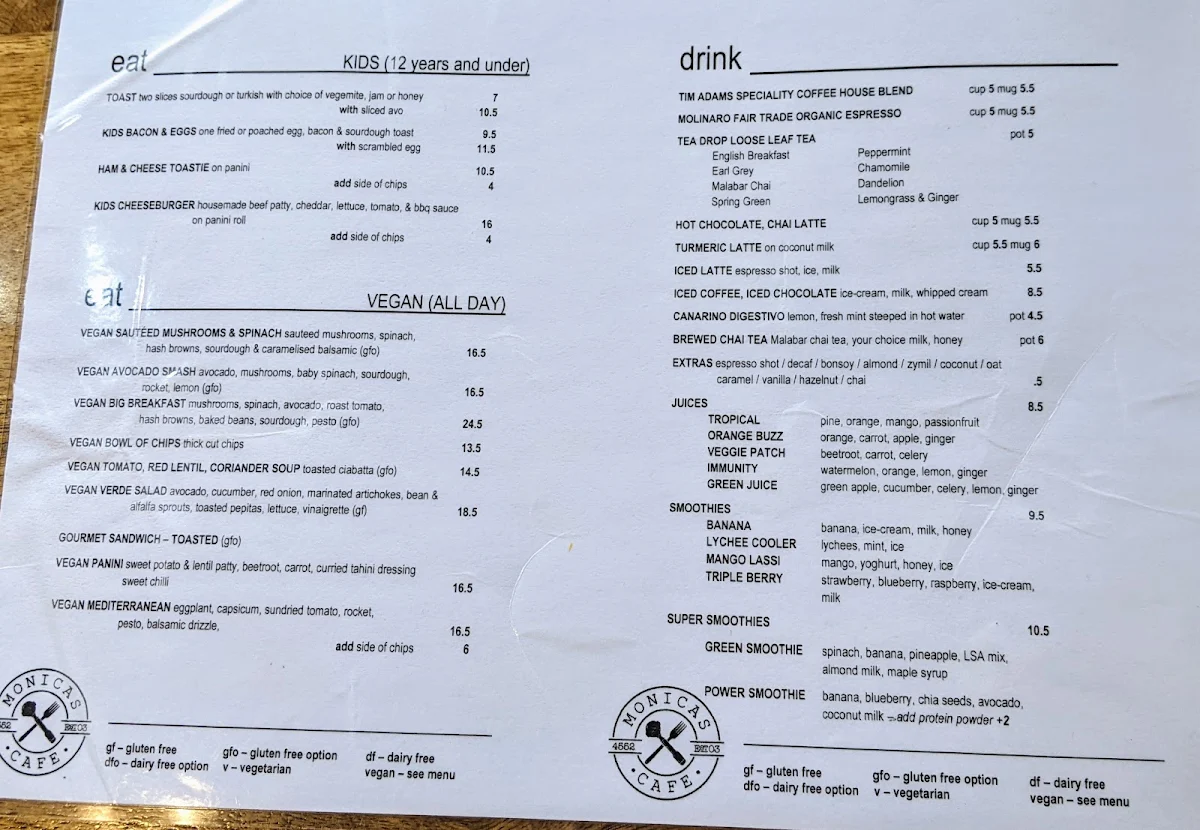 Menu, Monica's Cafe