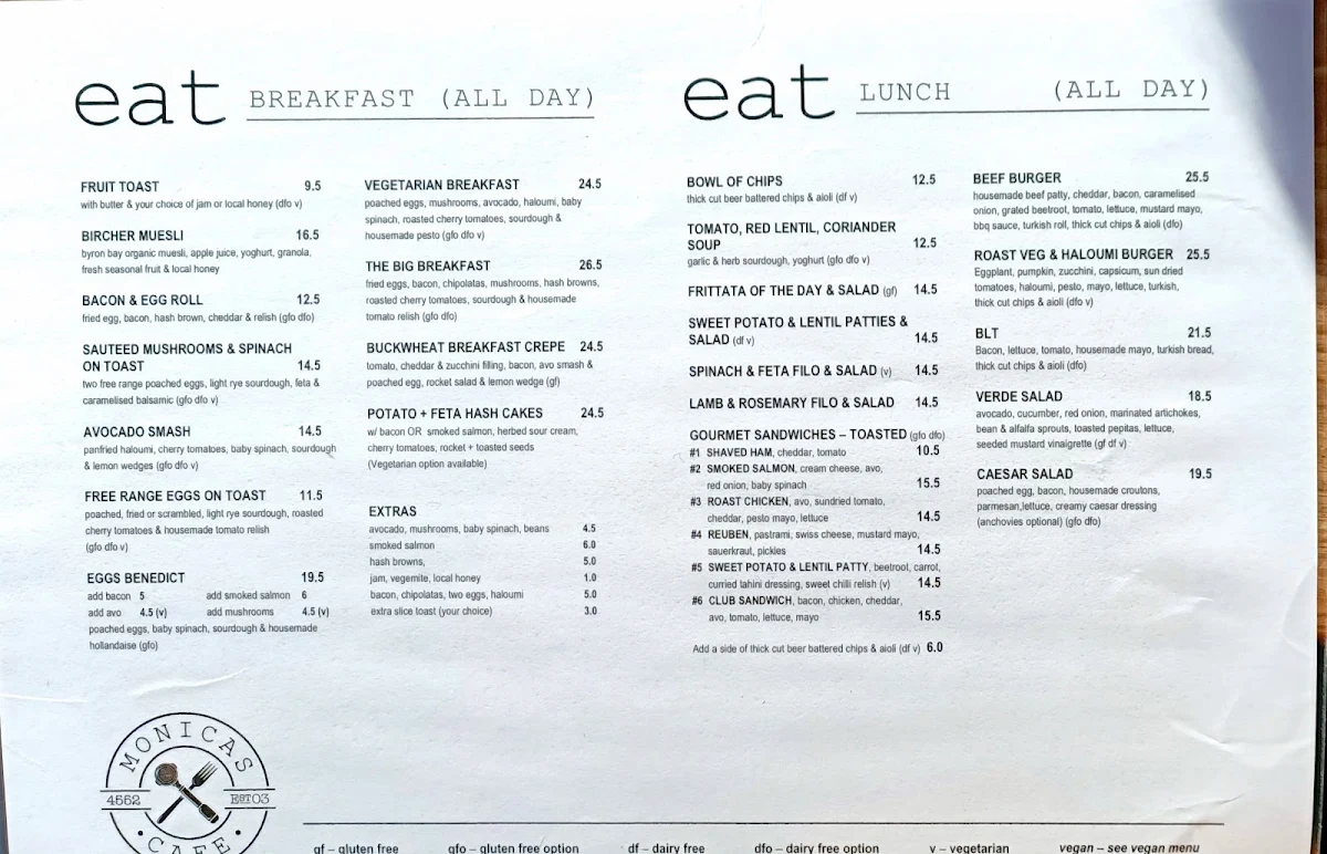 Menu, Monica's Cafe