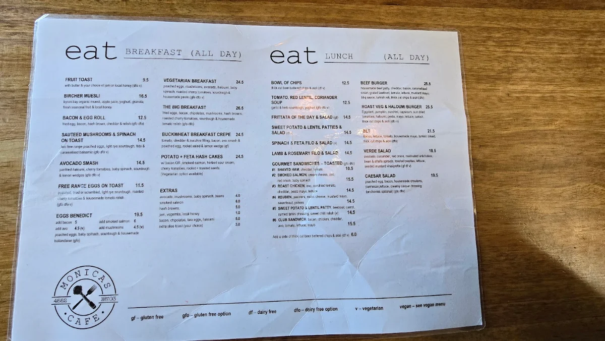 Menu, Monica's Cafe