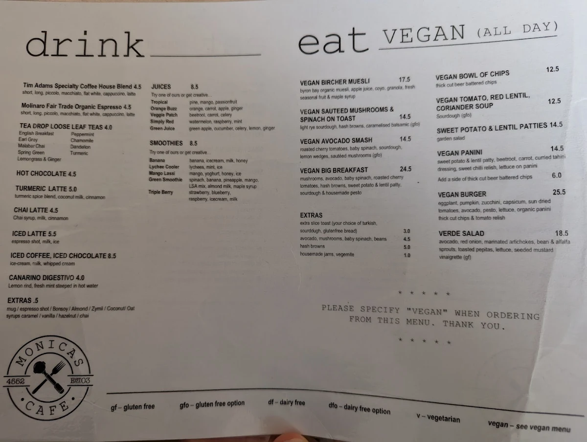 Menu, Monica's Cafe