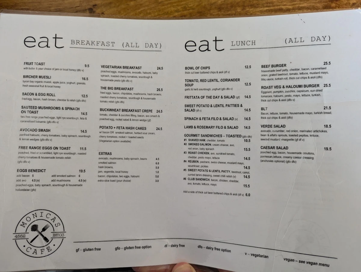 Menu, Monica's Cafe