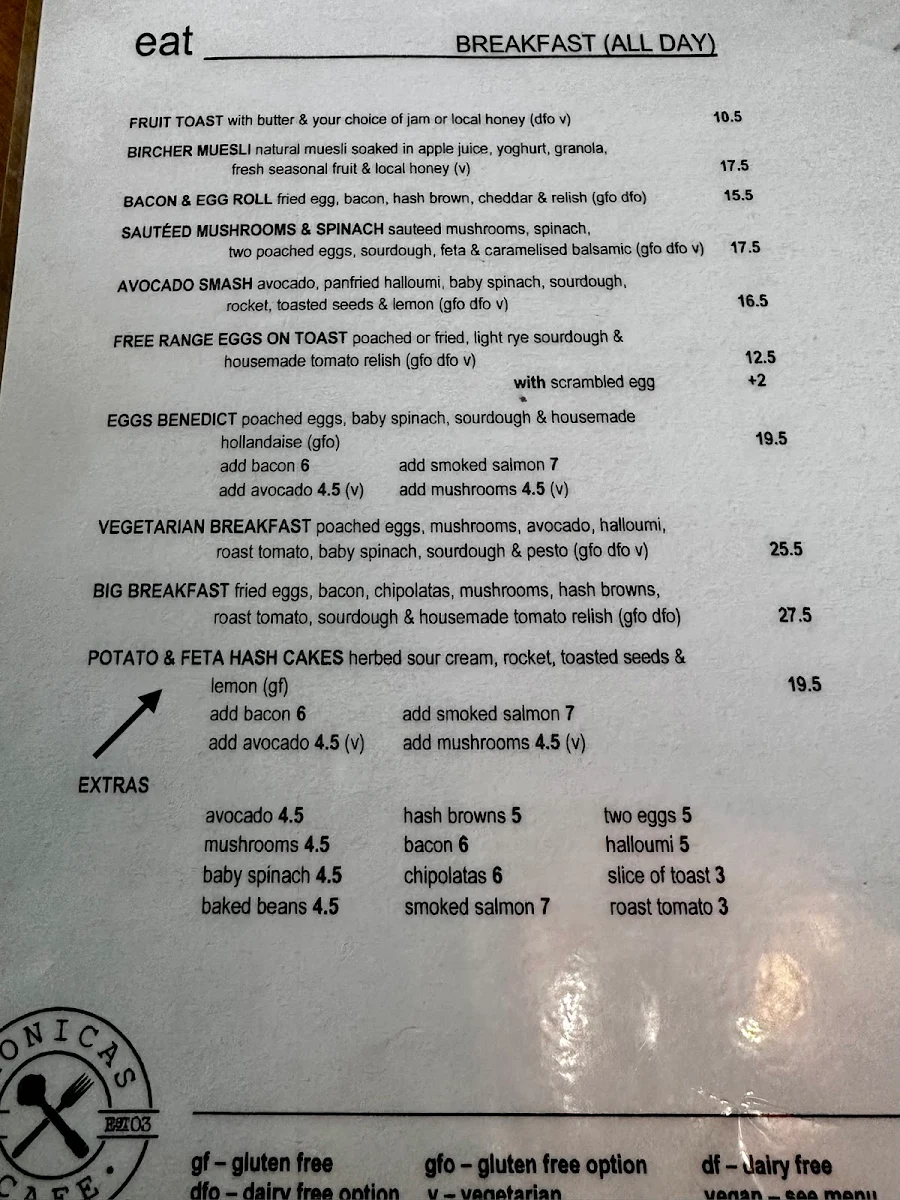 Menu, Monica's Cafe