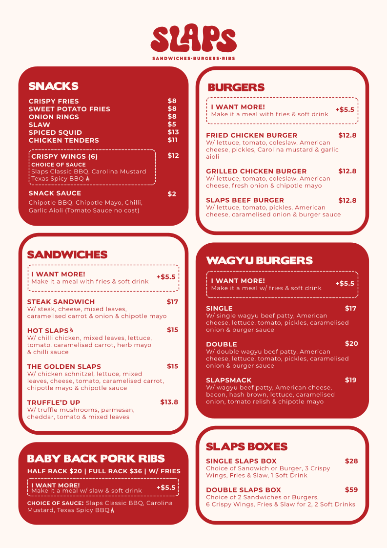 Menu, Slaps Sydney