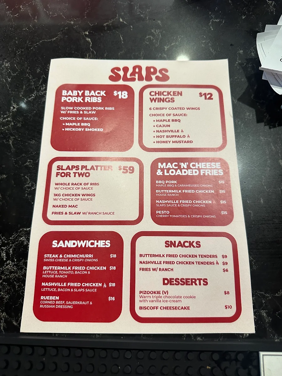 Menu, Slaps Sydney