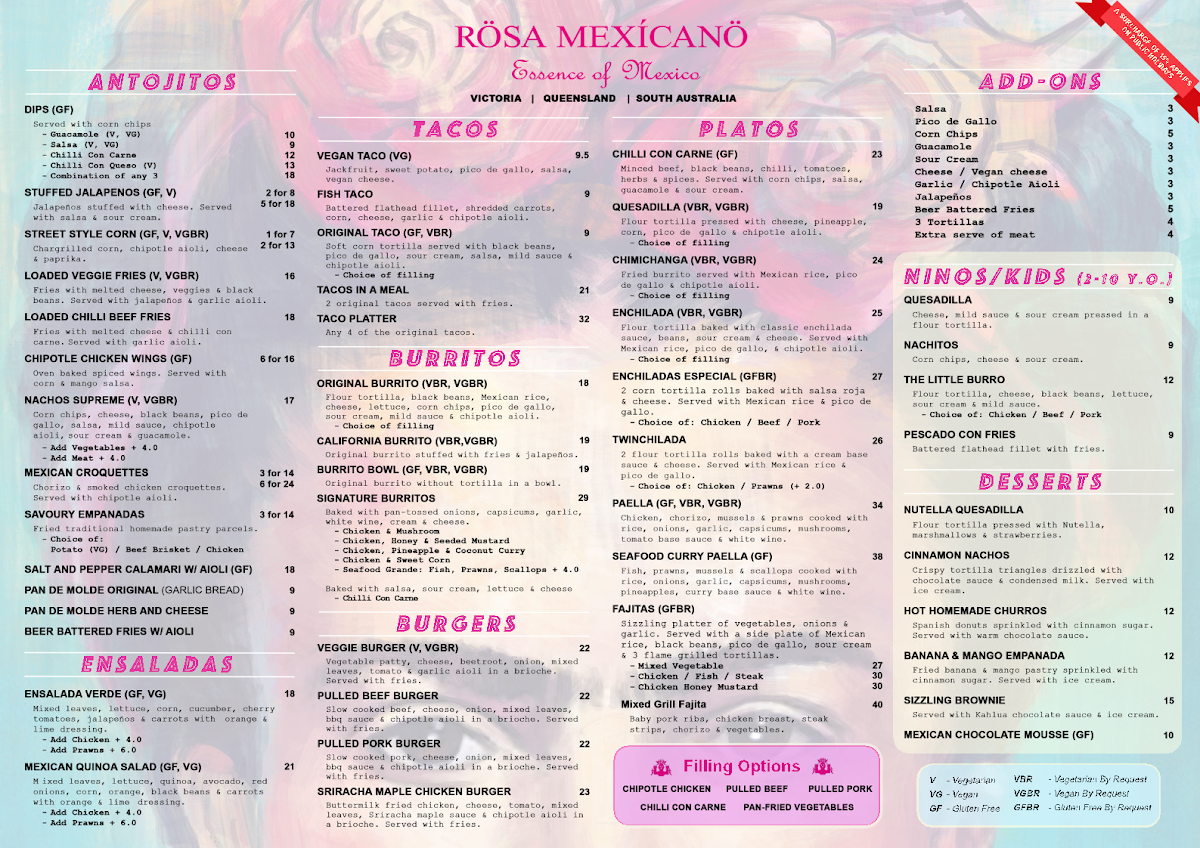 Menu, Rosa Mexicano Watergardens VIC | Mexican Restaurant in Taylors Lakes