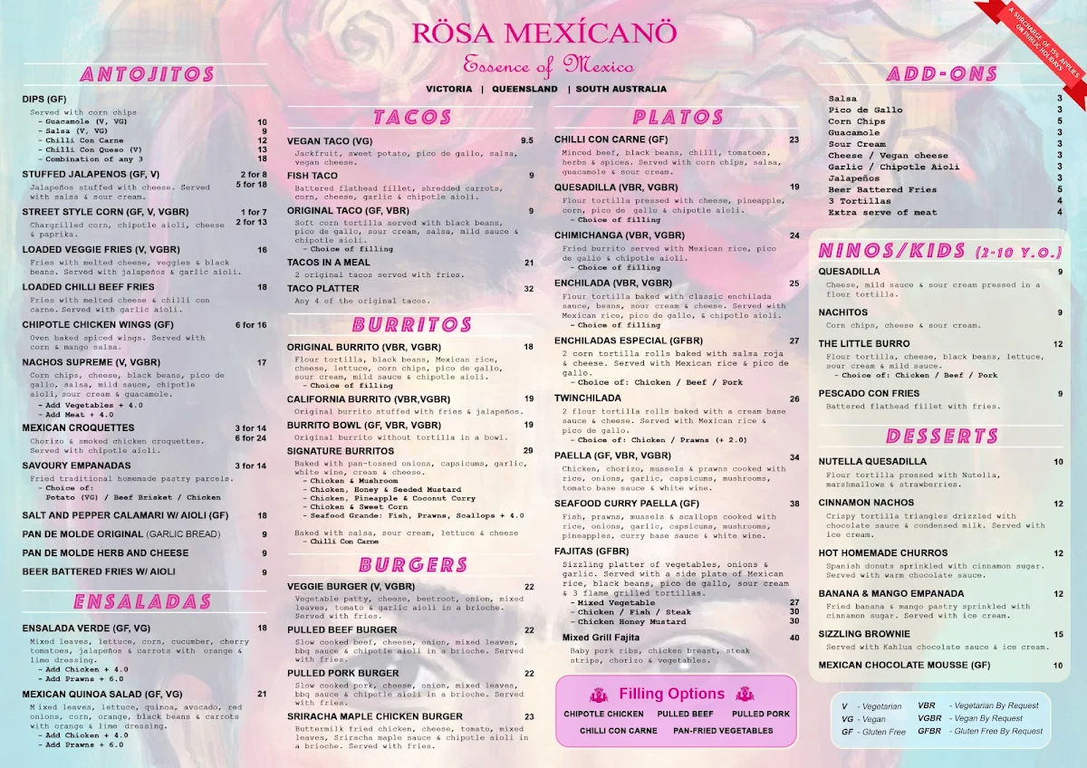 Menu, Rosa Mexicano Watergardens VIC | Mexican Restaurant in Taylors Lakes