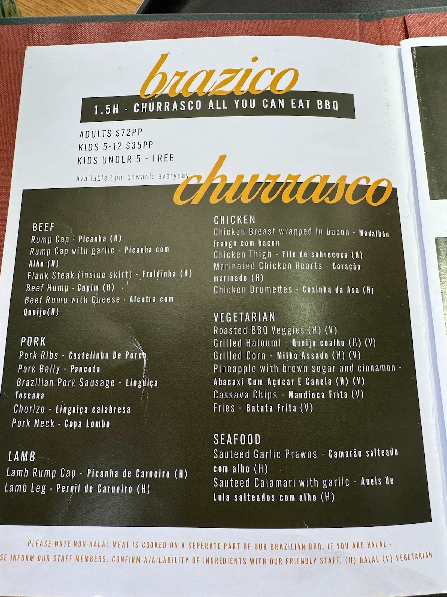 Menu, Brazico Brazilian Churrasco
