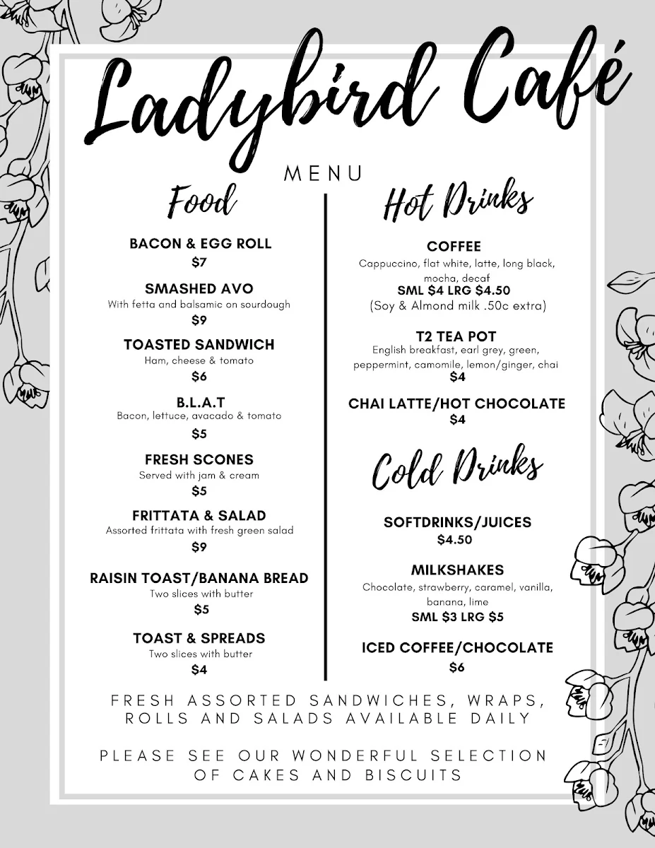 Menu, Ladybird Cafe