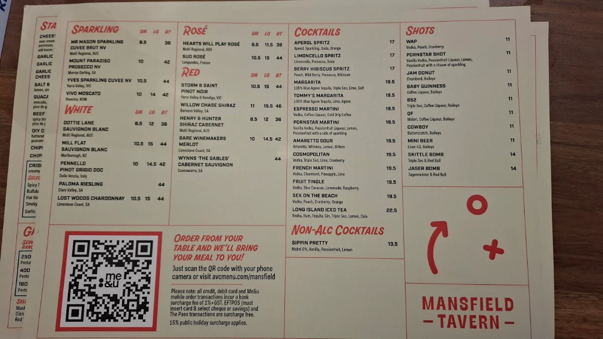 Menu, Mansfield Tavern
