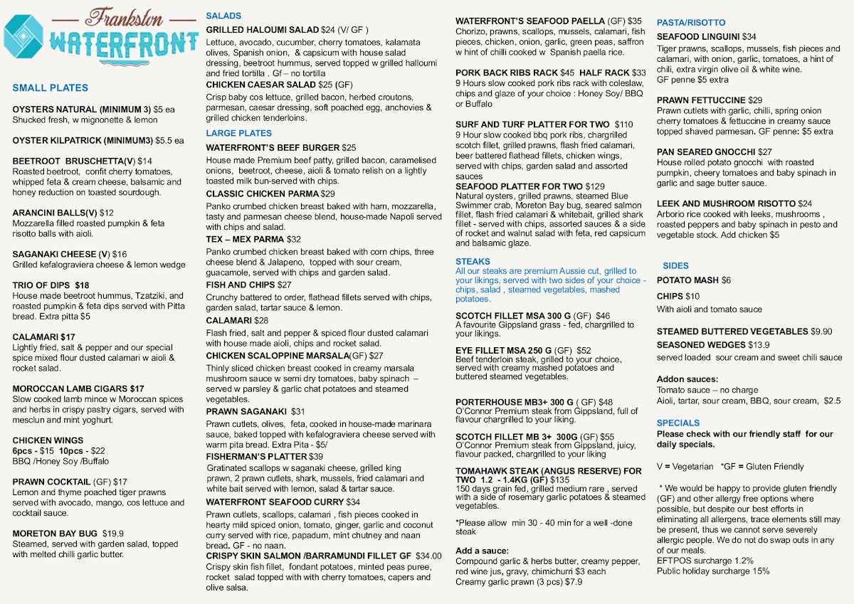 Menu, Frankston Waterfront Restaurant