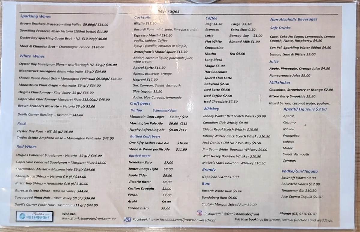 Menu, Frankston Waterfront Restaurant