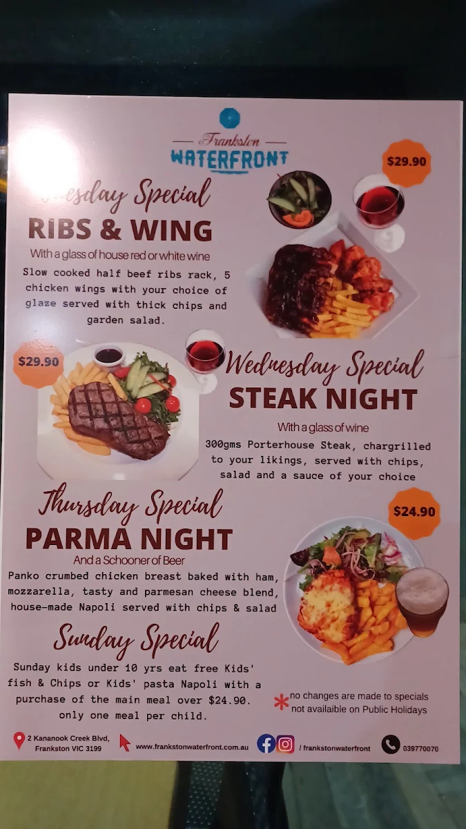 Menu, Frankston Waterfront Restaurant