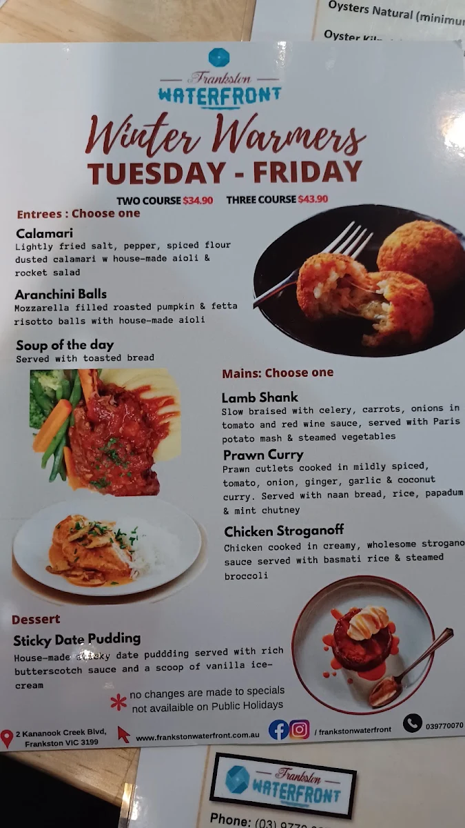 Menu, Frankston Waterfront Restaurant