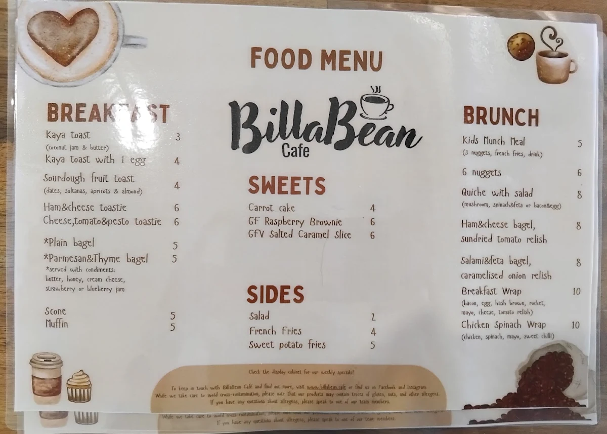 Menu, BillaBean Cafe
