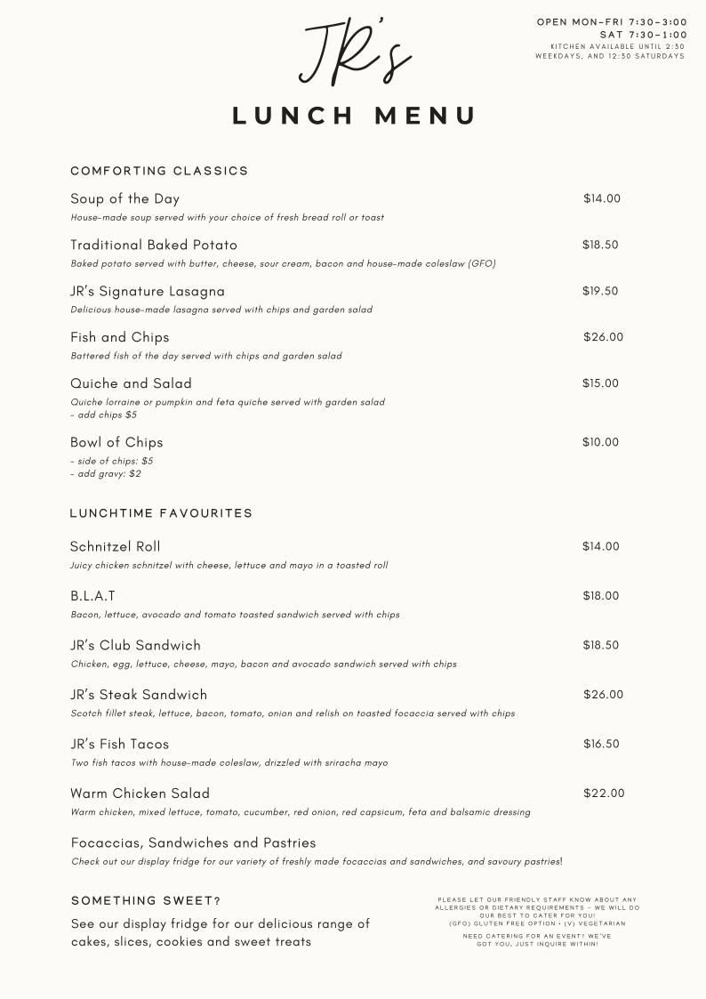 Menu, JR's Coffee Lounge