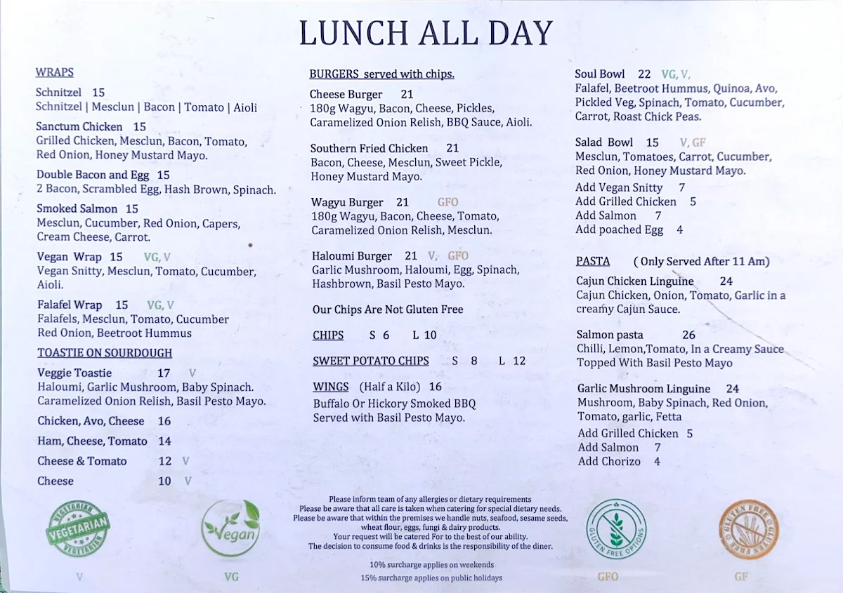 Menu, Sanctum Cafe
