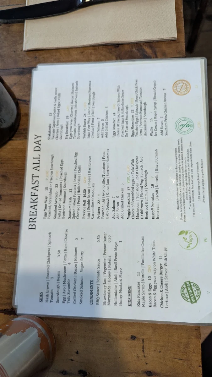 Menu, Sanctum Cafe