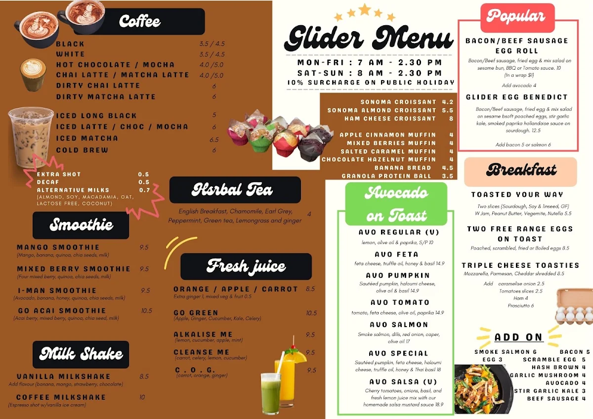 Menu, Glider Cafe
