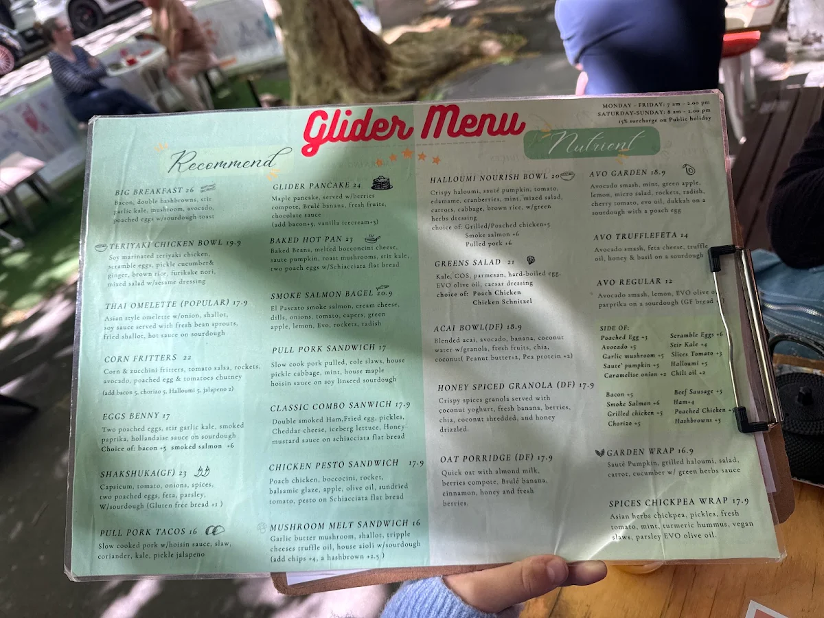 Menu, Glider Cafe