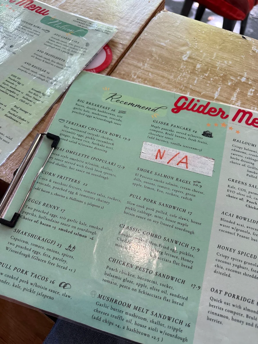 Menu, Glider Cafe