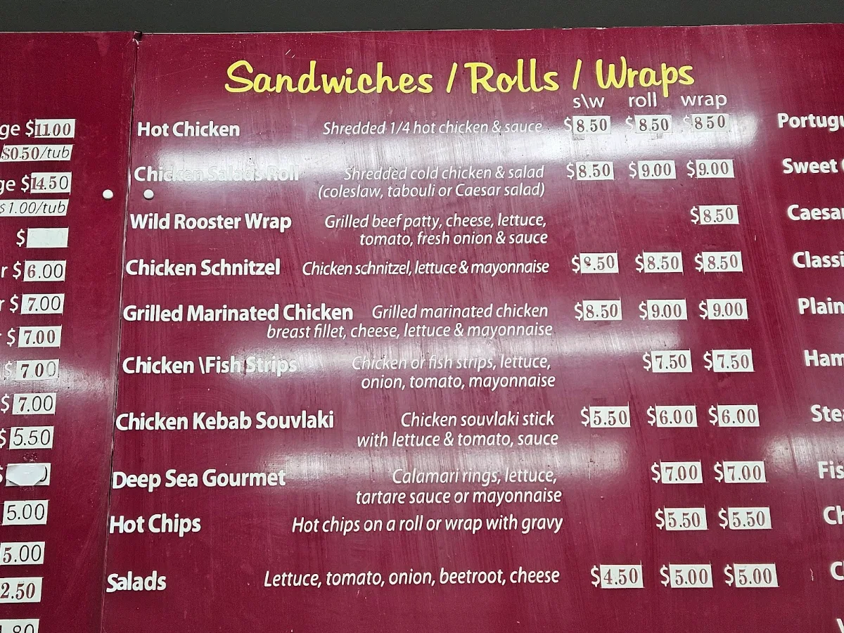 Menu, Wild Rooster Chicken Shop