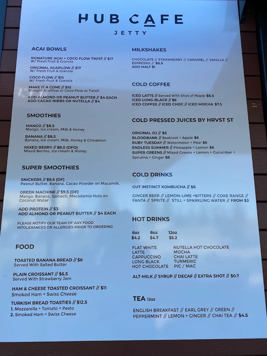 Menu, Hub Cafe Jetty