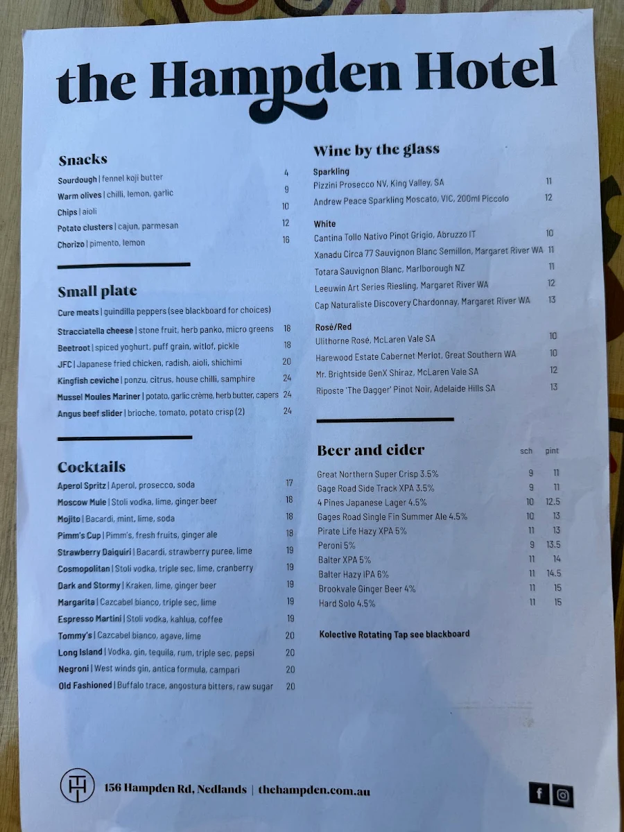 Menu, The Hampden Hotel