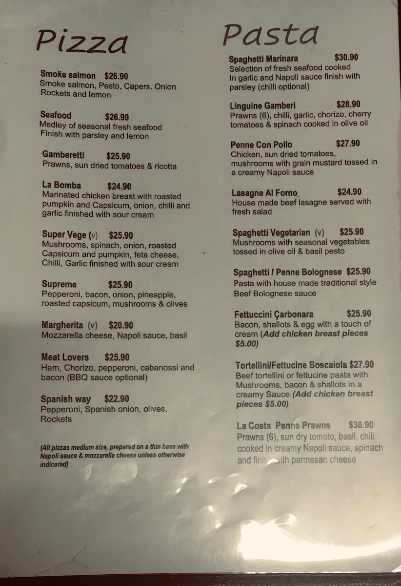 Menu, La Costa Restaurant