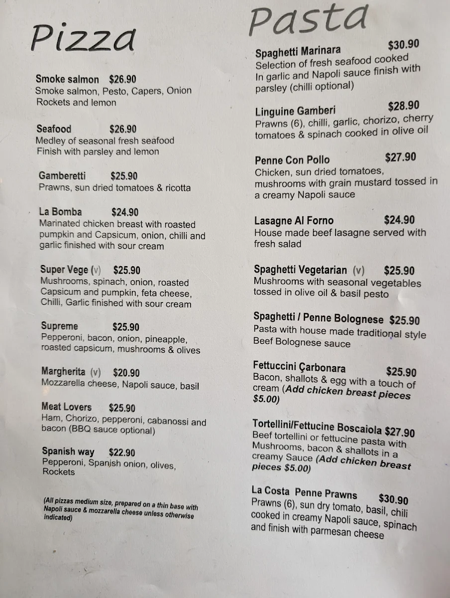 Menu, La Costa Restaurant