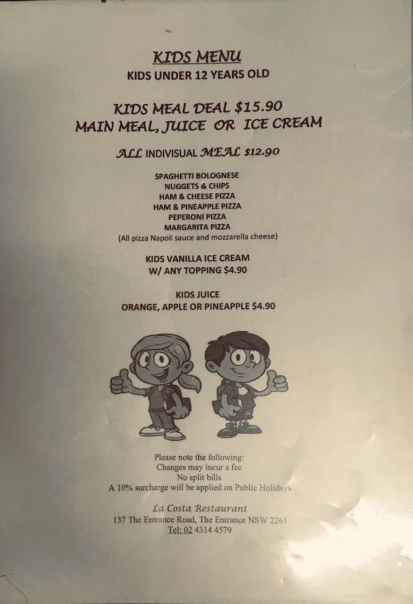 Menu, La Costa Restaurant