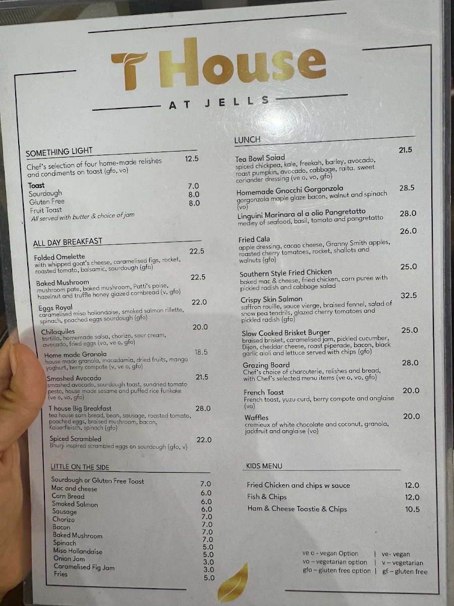 Menu, T House at Jells