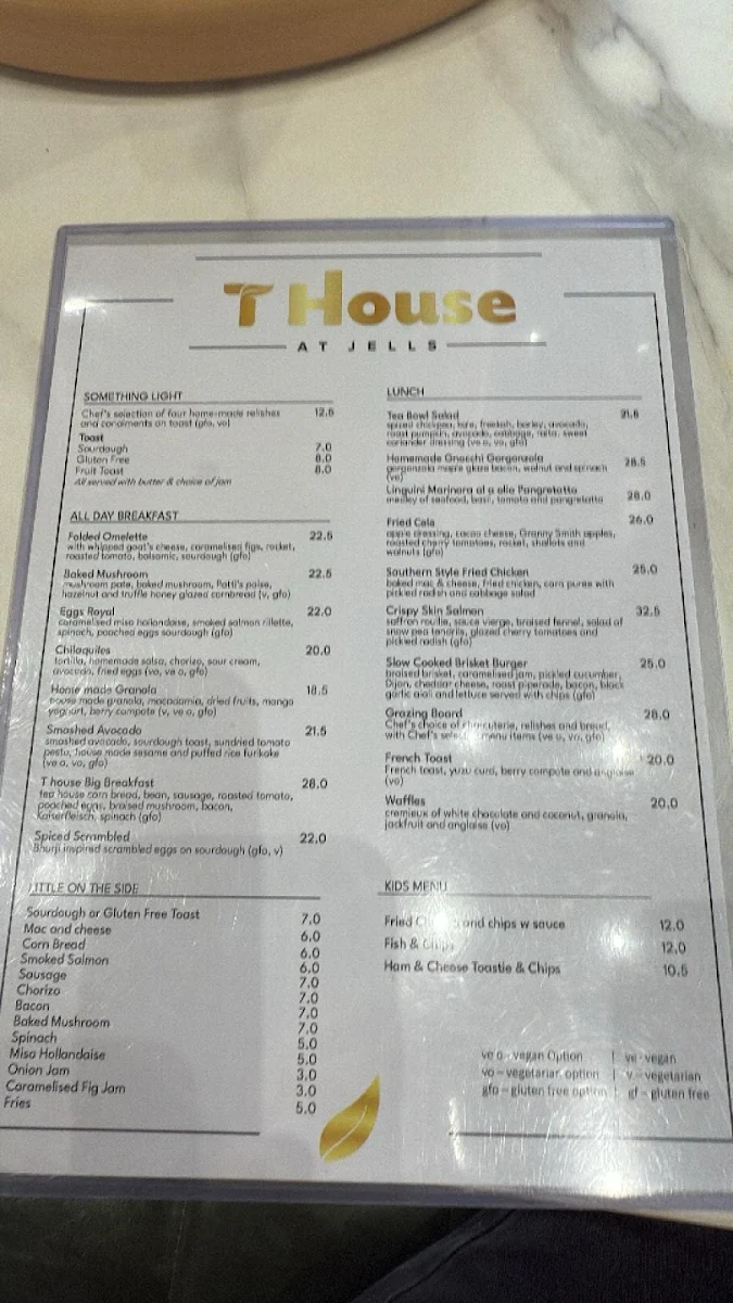 Menu, T House at Jells