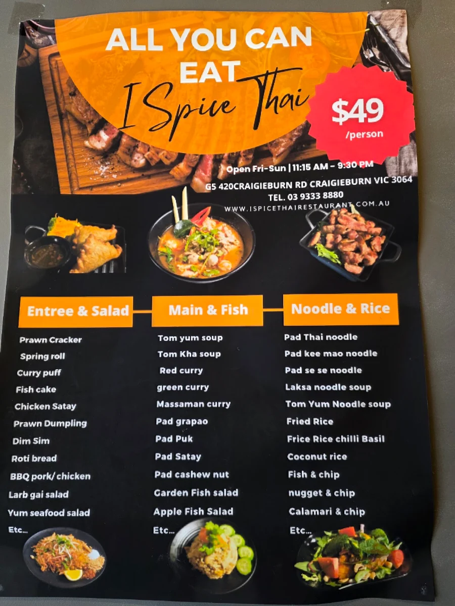 Menu, I Spice Thai Restaurant