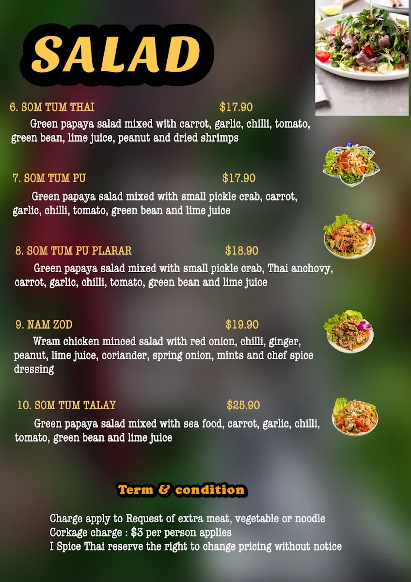 Menu, I Spice Thai Restaurant
