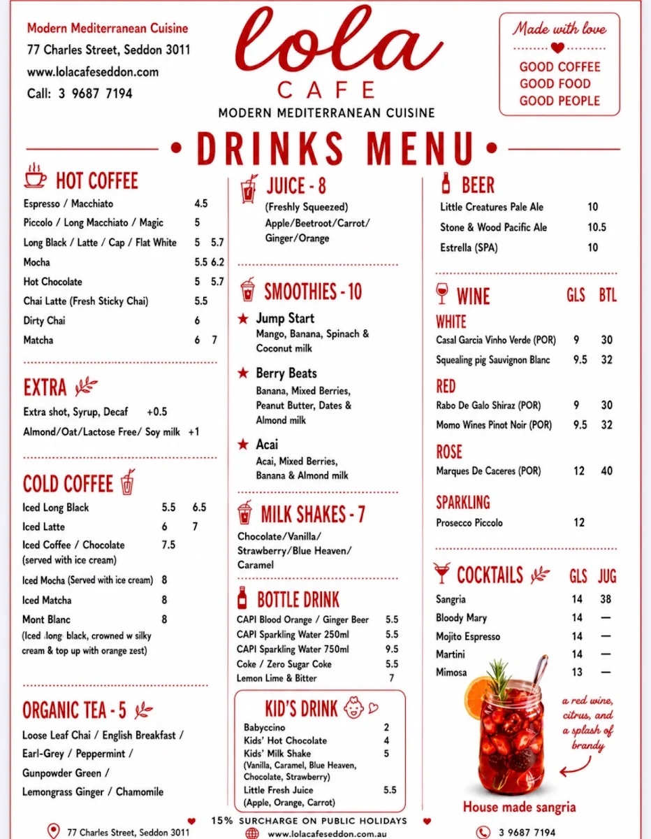 Menu, Lola Café