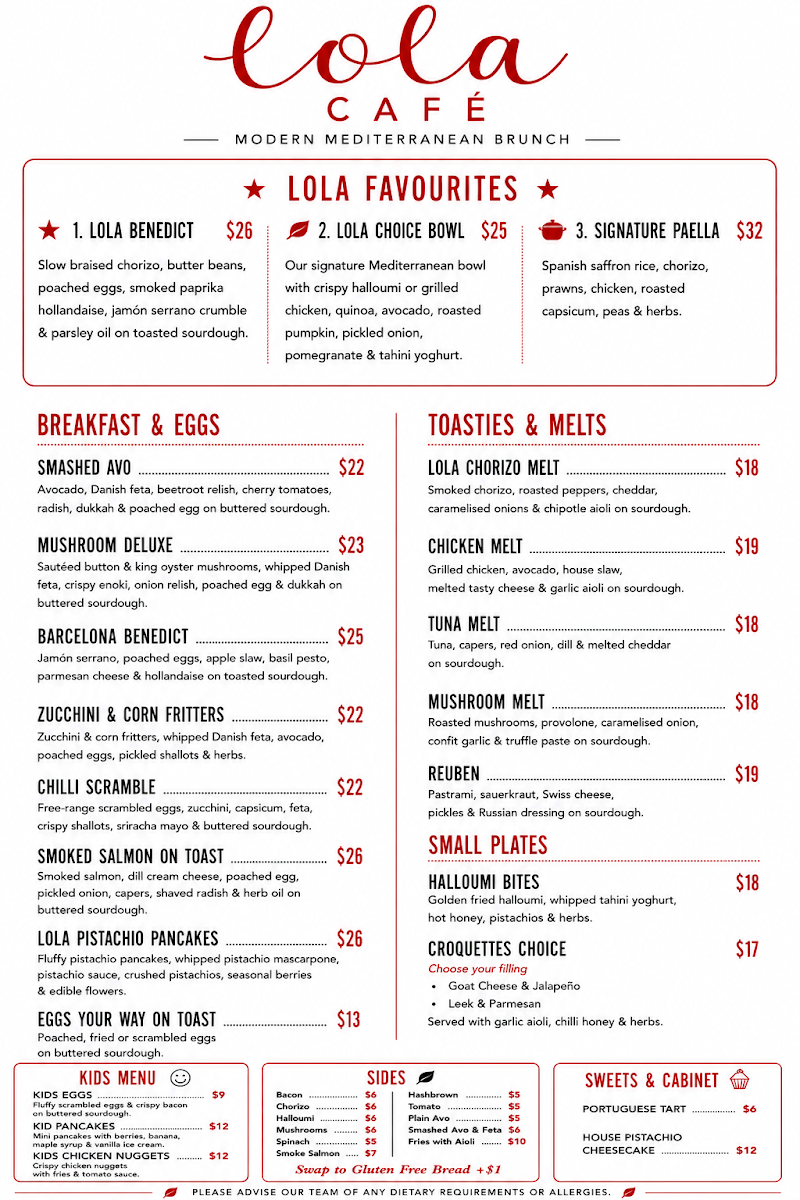 Menu, Lola Café