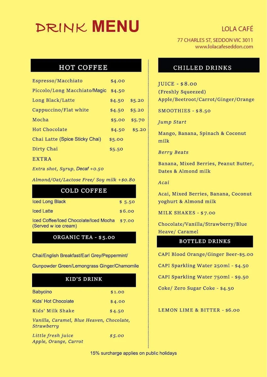Menu, Lola Café