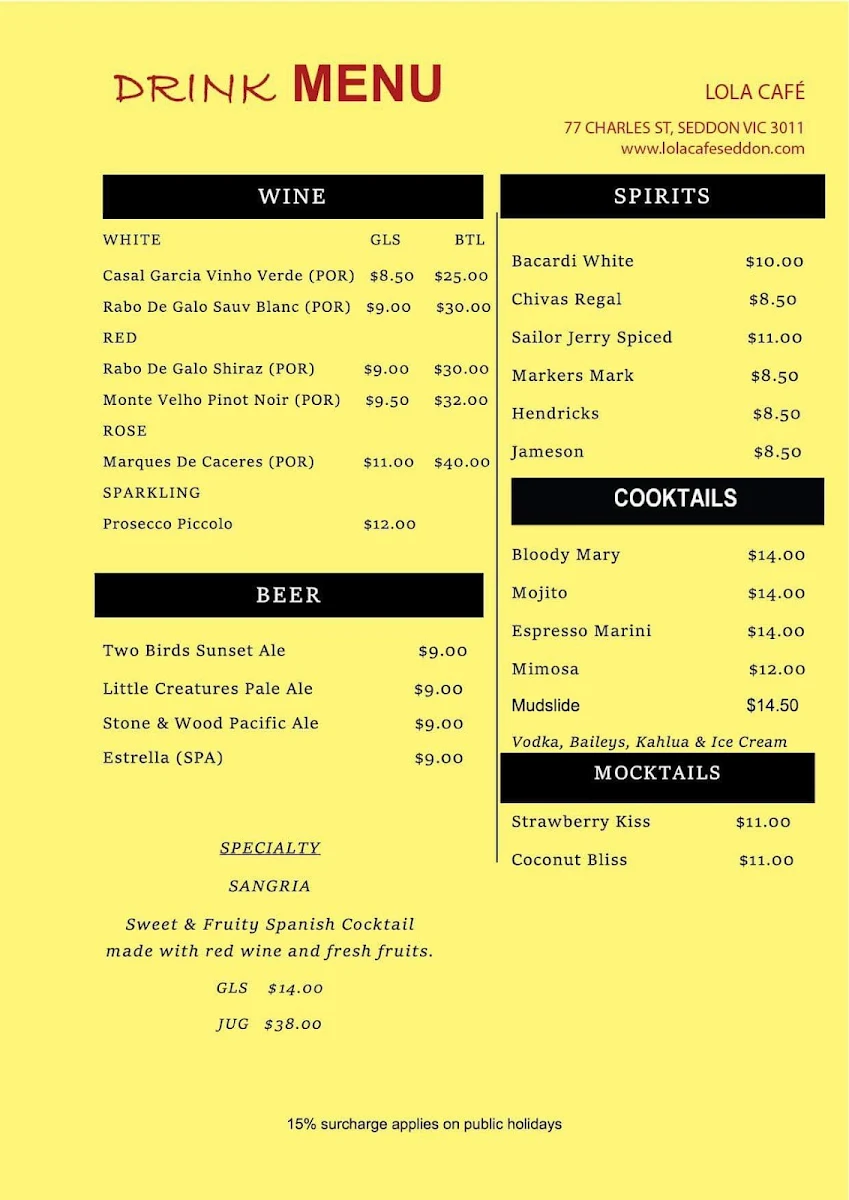 Menu, Lola Café