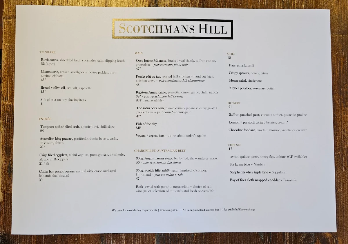 Menu, Scotchmans Restaurant