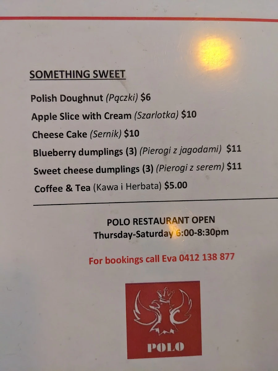 Menu, Polo Restaurant opening hours Wednesday to Saturday