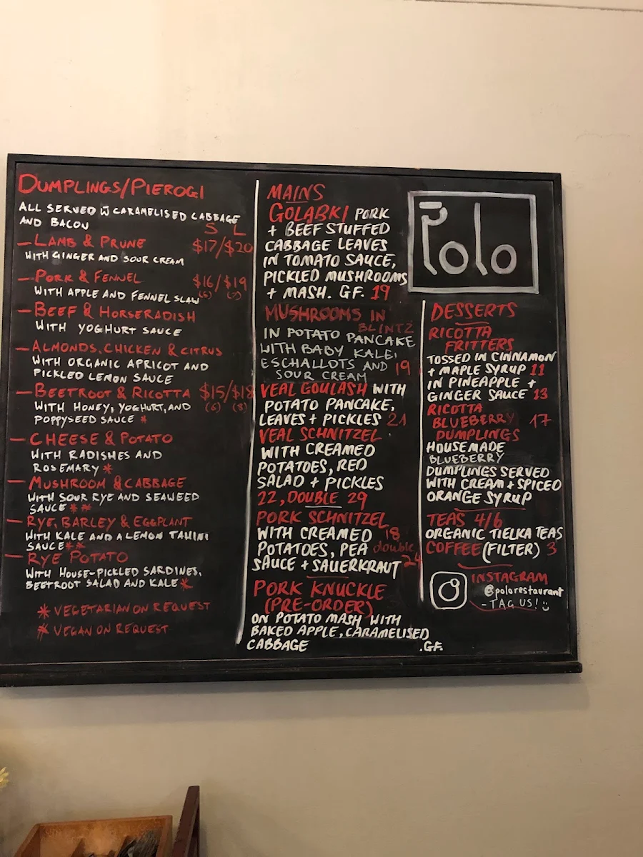 Menu, Polo Restaurant opening hours Wednesday to Saturday