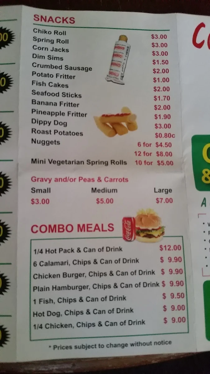 Menu, Collinswood Chicken and Seafood