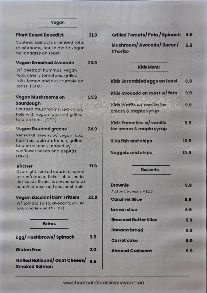 Menu, Beans and Beers Torquay