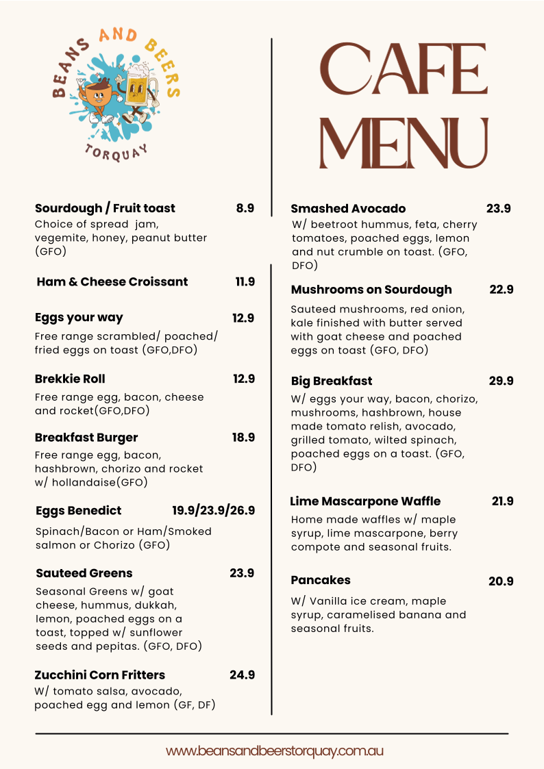 Menu, Beans and Beers Torquay
