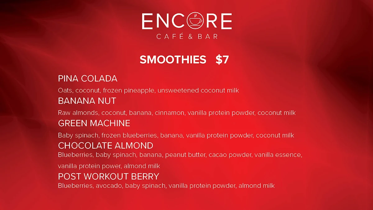 Menu, Encore Cafe & Bar