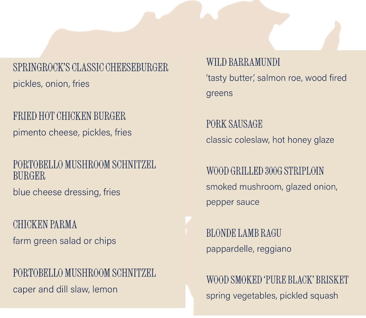 Menu, Springrock Public Bar