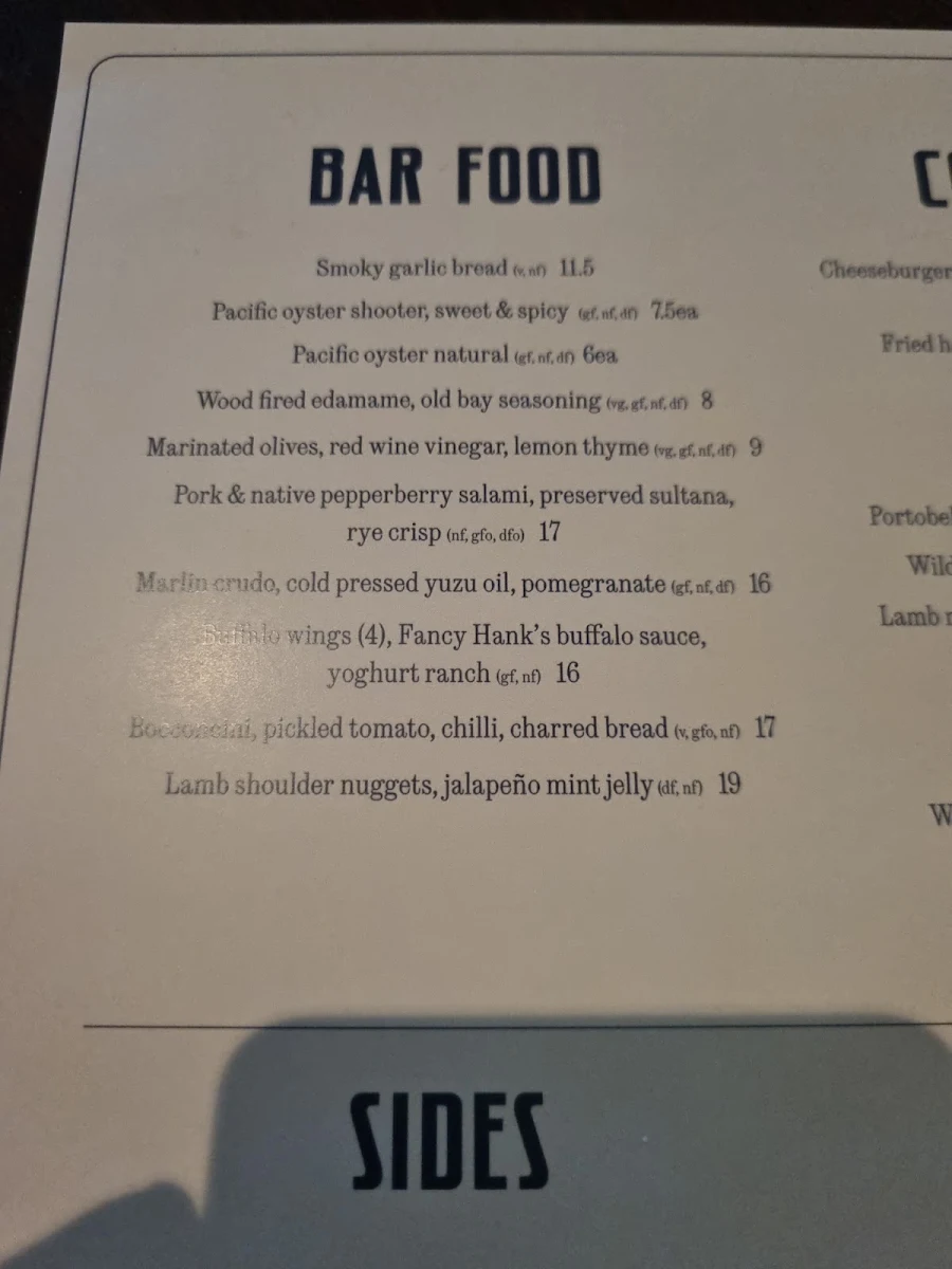 Menu, Springrock Public Bar
