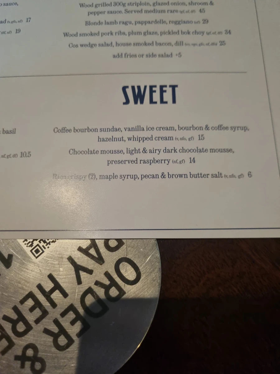Menu, Springrock Public Bar