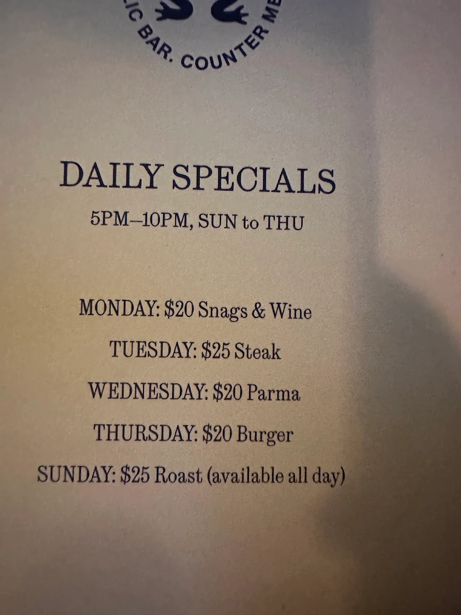 Menu, Springrock Public Bar