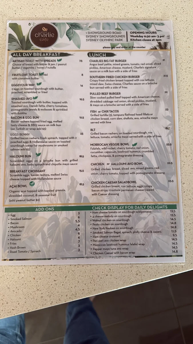 Menu, Charlie’s Corner Cafe